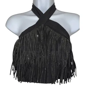 EFFORDRAM Black Faux Suede‎ Front With Rhinestones Halter Top NWOT Size Medium thumbnail 2