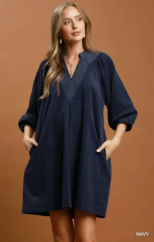 Umgee Corduroy V-Neck Puff Sleeve Shift Dress with Pockets - Navy - Medium thumbnail 1