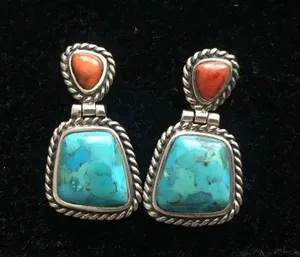 BARSE Sterling Silver Rope Edged Turquoise and Coral Drop Earrings thumbnail 1