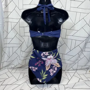 Cupshe One Piece‎ Swimsuit M Navy Blue Tropical Floral Wrap Halter Cutout NWT thumbnail 2