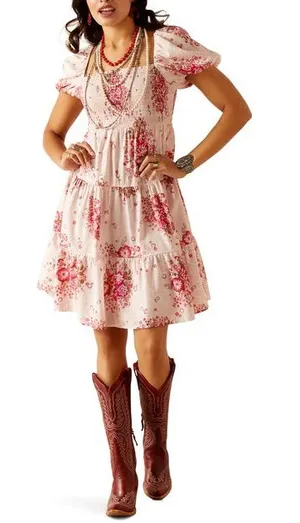 Women’s Ariat Sweetie Wild Flower Floral Smocked Dress Pink Size M thumbnail 1