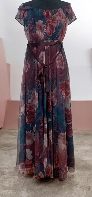Candalite Women's M Floral Glitter Mesh Maxi Dress Burgundy Teal Off‎ Shoulder M thumbnail 1
