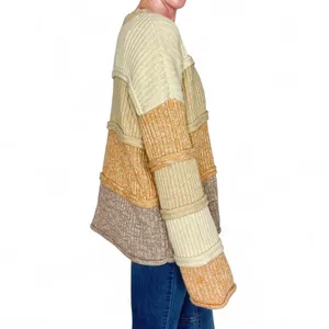Entro Beige Brown Tan Striped Patchwork Flared Sleeve Sweater thumbnail 5