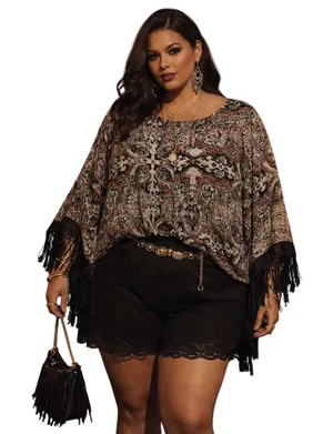 AGB‎ Blouse Multicolor Fringe Boho-Chic Southwestern Festival Party Artsy 2X thumbnail 1