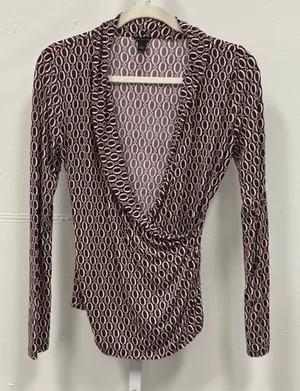 Ann Taylor Women's Small Burgundy Chain Link Wrap Top Long Sleeve Modal Blouse thumbnail 1