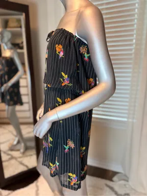 O'Neill Medium Strapless Tropical Bird Print Dress Black Pinstripe Boho Summer thumbnail 5