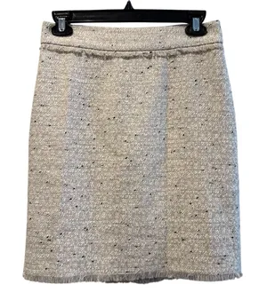 Ann Taylor Petite Pencil Skirt Beige Tweed Lined Fringe Hem‎ Career Size 0P thumbnail 1