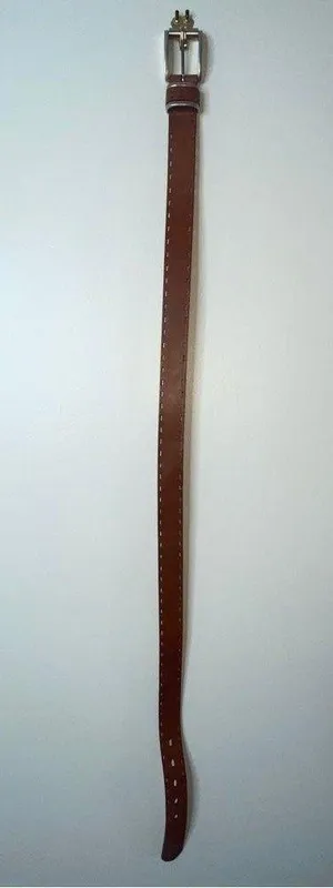 Brown Leather Belt with Silver Brass Buckle Embroidered Stitched edging 32 thumbnail 2