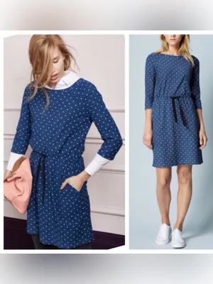 Boden Peggy Drawstring Waist Blue White Polka Dot Knee Length Dress Preppy thumbnail 2