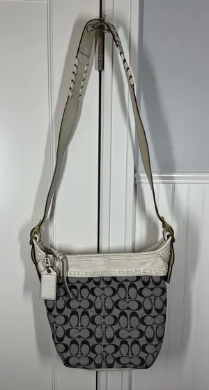 Y2K Coach Bleecker Signature Blue Denim Canvas White Leather Trim Shoulder Bag thumbnail 1