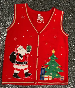 Women's Red Ugly Christmas Sweater Vest With Santa & Christmas Tree Small (4-6) thumbnail 1