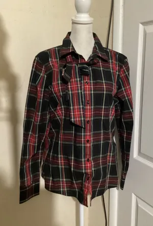 Brooks Brothers Red Black Plaid Bow Neck Tie Cotton Blouse Shirt Womens 14 thumbnail 1