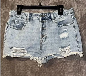 Hidden light wash high rise distressed cut off shorts 100% cotton L #754 thumbnail 1