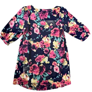 Everly Floral Shift‎ Dress Womens Medium Navy Blue Pink Elbow Sleeve Mini D5488 thumbnail 4