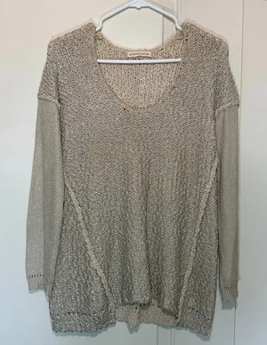 REBECCA TAYLOR Tan Silver Chunky Knit Cotton Crochet Crew Pullover Top Small‎ thumbnail 1