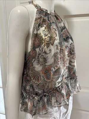 Veronica Beard 100% Silk Paisley Halter Tank - Green, Cream, Coral Size 8 thumbnail 8