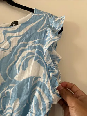 Blue White Swirl Print Smocked Waist Ruffle Mini Dress Small Coastal Vacation thumbnail 4
