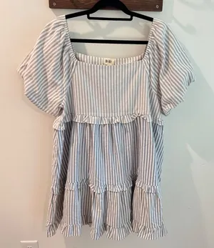 BIBI Blue White Striped Tiered Babydoll Mini‎ Dress Puff Sleeve XL NWT thumbnail 1