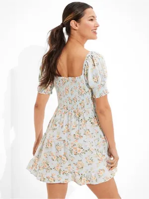 American Eagle Floral Smocked Mini Dress Blue Linen Blend Boho Cottagecore M thumbnail 2