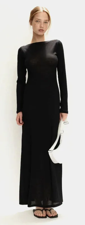 Y2K 90s Vintage Maxi Dress Long Sleeve Shift Column Minimalist Modesty Goth Vamp thumbnail 1