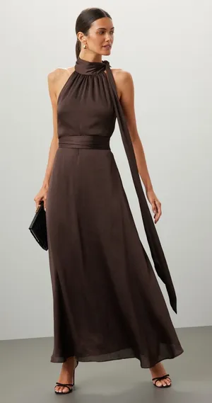 SACHIN & BABI Brown Sleeveless Tie Neck Banded Waist Kayla A-Line Gown Size 0 thumbnail 1