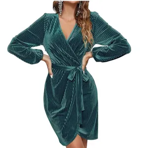 MEROKEETY Teal Ribbed Velvet Wrap Dress Long‎ Sleeve Tie Waist Size Large thumbnail 1