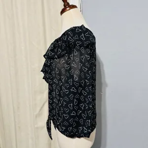 Timing Black Sheer Heart Print Ruffle Tie Front Blouse Top Women Sz L‎ Celestial thumbnail 4