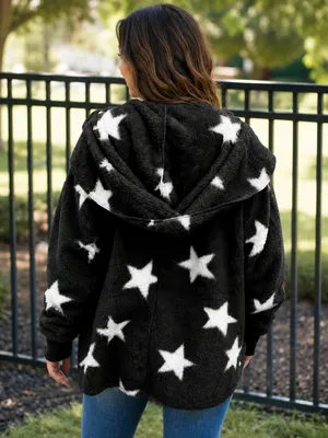 Cozy Star Print Sherpa Hoodie Jacket Black White Fuzzy NWT thumbnail 3