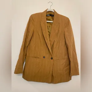 Zara Women’s Linen-blend Striped‎ Blazer Jacket in Mustard Yellow Size S thumbnail 2