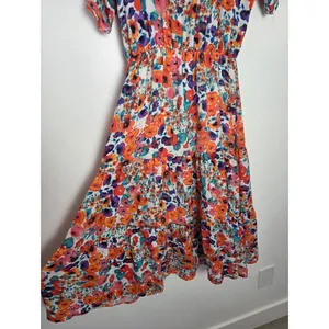 Colorful Floral Midi Dress Tiered Tropical Abstract Artsy Farmers Market Picnic thumbnail 3