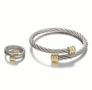 UNISEX Silver & Gold Cable Wire Bracelet + Ring Set thumbnail 4