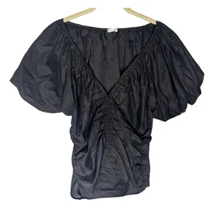 Reformation Sonny Puff Sleeve Top Size 10 Black Short Sleeve Ruched‎ Blouse thumbnail 4