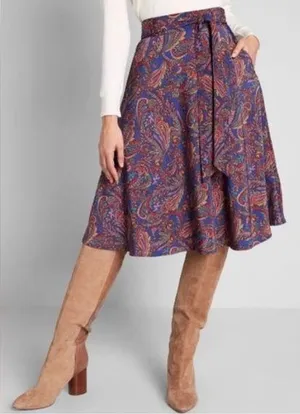 Modcloth Navy Paisley Sash-Tie A-Line Skirt Pockets Size M. thumbnail 1