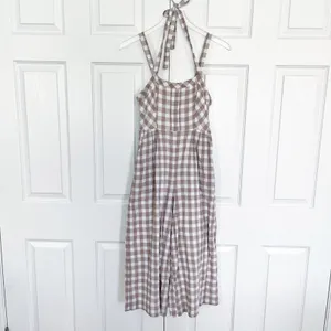 Free People Zuzu Seersucker Wide Leg Crop Jumpsuit Natural Gingham Cottagecore thumbnail 3