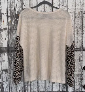 Cream waffle knit with cheetah sleeves top thumbnail 5