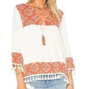 Misa Los Angeles Women’s Size M Cream Saffron Print Marcella Tassel Blouse Top thumbnail 2