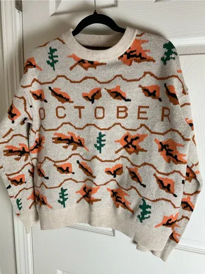 Vintage Style October Fall Sweater Beige Orange Leaves Trees Crewneck Medium / L thumbnail 6