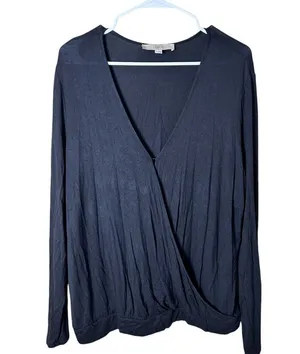 LOFT BLack Wrap Front Super SOft Long Sleeve T Shirt Top w Waist Band Size Large thumbnail 1
