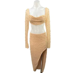 Oh Polly LA DÉSIRADE Cream Pearl Beaded Embellished Crop Top & Midi Skirt Set 2 thumbnail 5