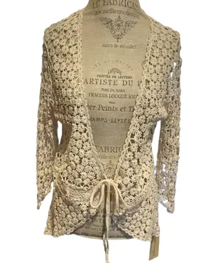 Urban Mangoz NWT Crochet Lace Tie Front Cardigan Coverup Cream X-Large thumbnail 1