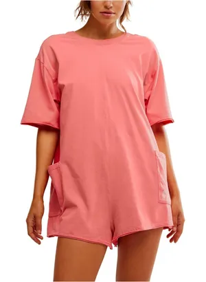 NEW Free People Movement Neon Coral Oversized Shapeless Hot Shot Tee Romper XS thumbnail 1