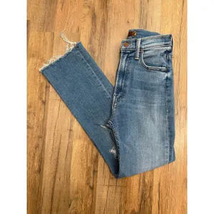 MOTHER High Waisted Rider Ankle Fray Jeans 24 Distressed Straight Blue USA thumbnail 2
