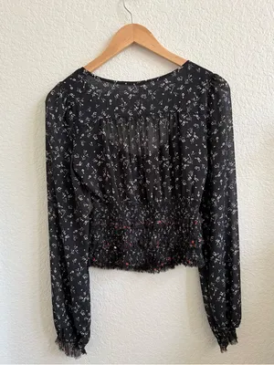 Free People Lolita Long Sleeve Floral Blooms Blouse Black‎ S thumbnail 6
