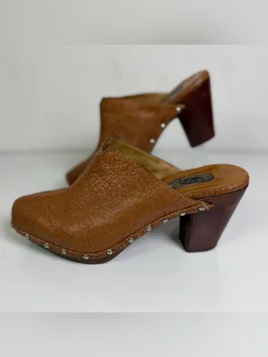 Salpy Womens 9 Brown Leather Studded Wood Platform Clogs Mules Boho Y2K Retro thumbnail 2