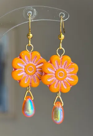 Handmade unique fairy retro cute Czech glass flower & teardrop dangle earrings🧡 thumbnail 1