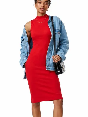 Red Ribbed Bodycon Mini Dress XS Sleeveless Mock Neck Stretch Fitted Chic thumbnail 9