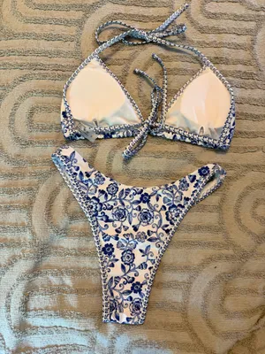 Shein Blue & White Floral Triangle Bikini, Sz S thumbnail 2