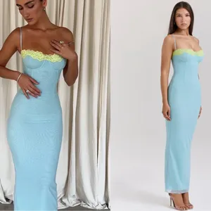 NWOT HOUSE OF CB Aiza Ocean Blue Contrast Lace Maxi Dress sz XS thumbnail 2