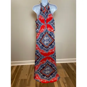 As You Wish Boho High‑Low Halter Dress Orange & Blue Size L thumbnail 5