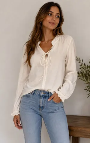 LOFT Women's Cream Ruffle Neck Tie Long Sleeve Blouse Size S CottageCore thumbnail 1